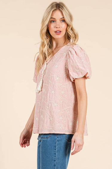Floral Embroidered V-Neck Blouse,
